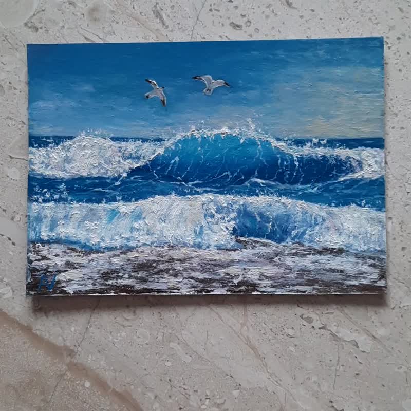 純正な手描きの油絵の抽象画、波風景が大幅に掛けられています。 手描き抽象画（油絵）：「月の観える情景 Scenery of the moon