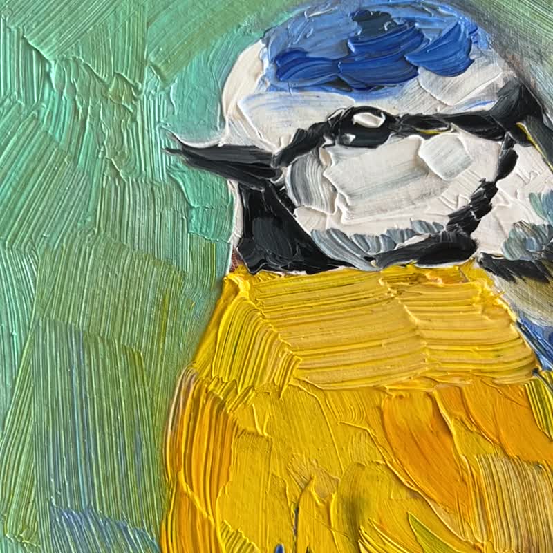 Blue Tit Oil Painting Bird Original Small Wall Art Chickadee  Painting Impasto - Wall Décor - Other Materials Blue