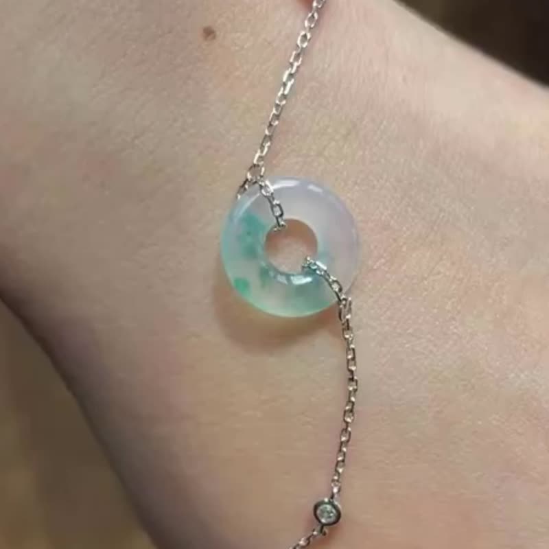 冰種翡翠 天然翡翠 A玉 手鏈 • 18k金高冰種藍綠翡翠平安扣手鏈 - 戒指 - 玉石 藍色