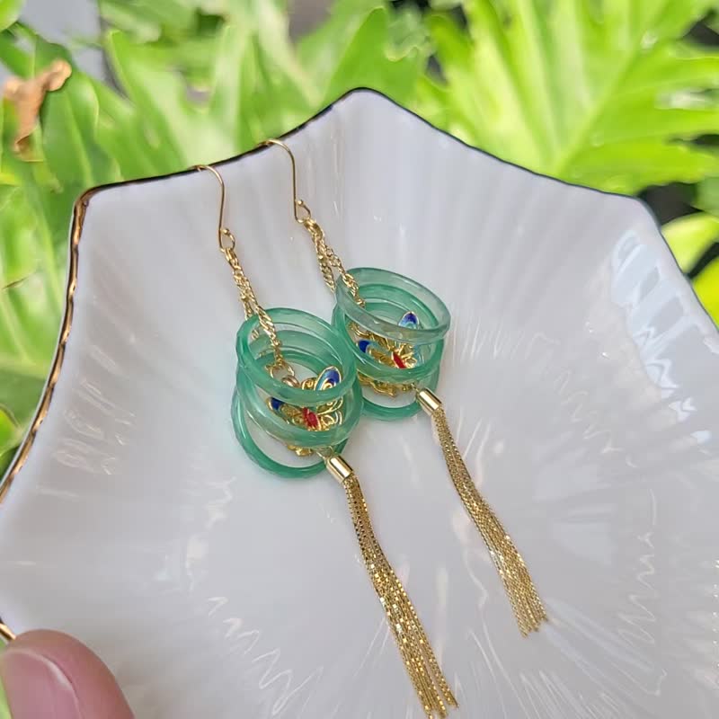 綠玉瓍 瑪瑙 戒環 三元及第 蝴蝶 琺瑯 福氣 流蘇 耳環 禮物 獨家 - 耳環/耳夾/耳骨夾 - 寶石 綠色