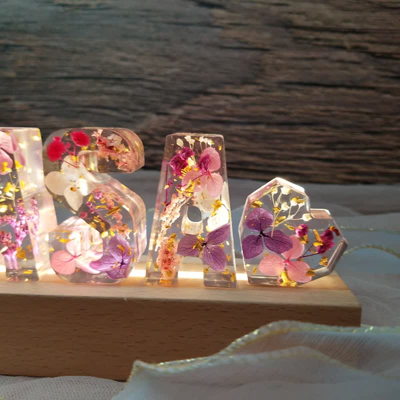 【Pink,Purple&White with gold flakes】Customized Real Flower Letter Lamp - Lighting - Resin 