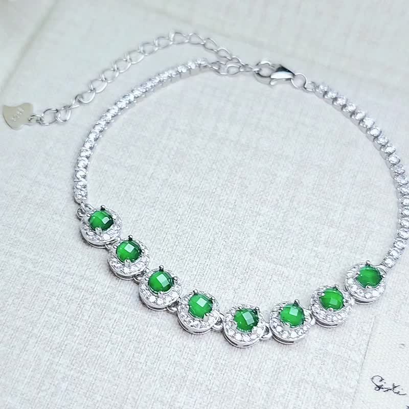 Cailai|Sparkling diamond cut green|A grade jadeite ice glass old pit green cut cabochon sterling silver bracelet - สร้อยข้อมือ - หยก 