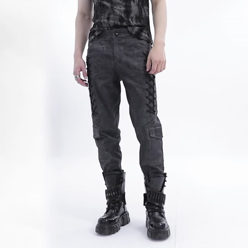 Punk Holy Land Hunter Distressed Rope Trousers - กางเกงขายาว - วัสดุอื่นๆ สีดำ