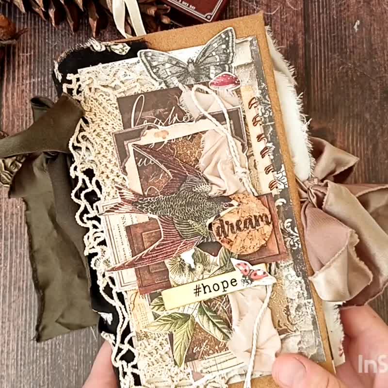 Botanical birds notebook handmade Forest nature herbs junk journal - 筆記本/手帳 - 紙 綠色