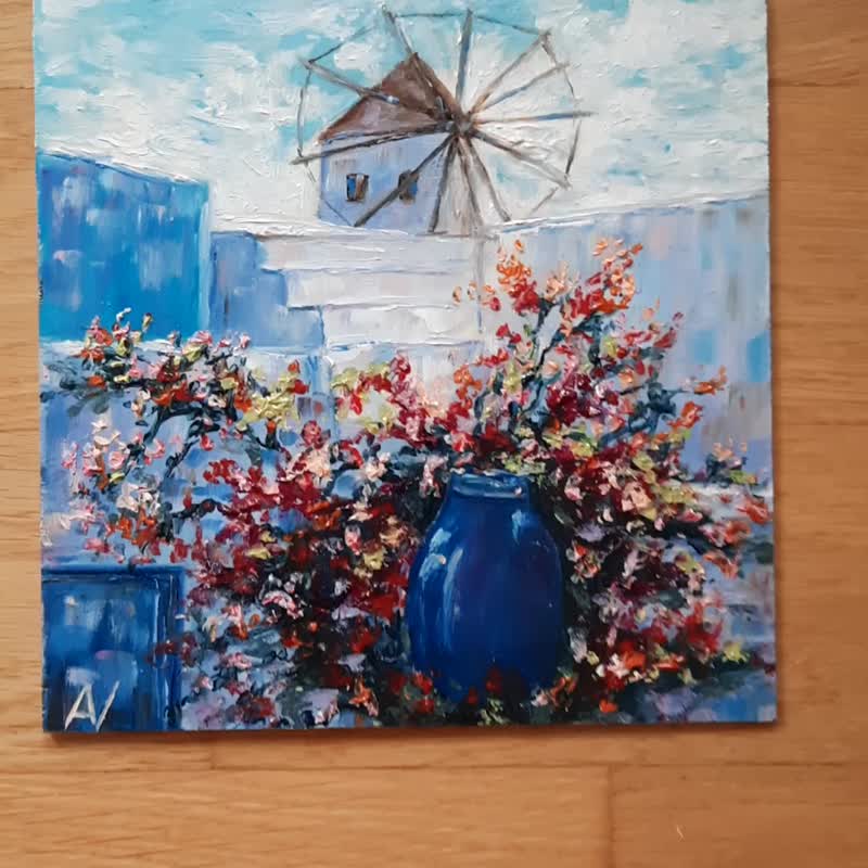 聖托裡尼原創油畫：希臘島嶼風車、花卉、厚塗藝術作品 - 牆貼/牆身裝飾 - 木頭 