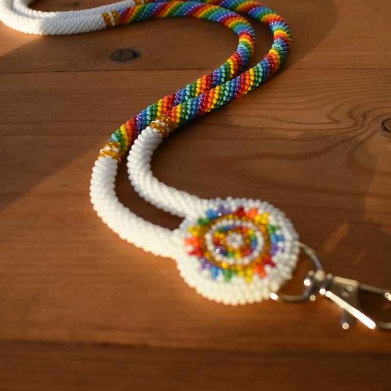 White or Black Native style beads lanyard with beaded medallion Breakaway option - 手機掛繩/背帶 - 玻璃 