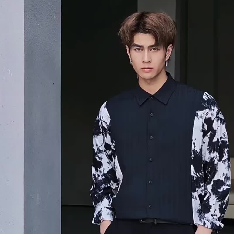 秋季印花拼接長袖襯衫  水墨畫男士襯衣 - 男襯衫/休閒襯衫 - 棉．麻 黑色