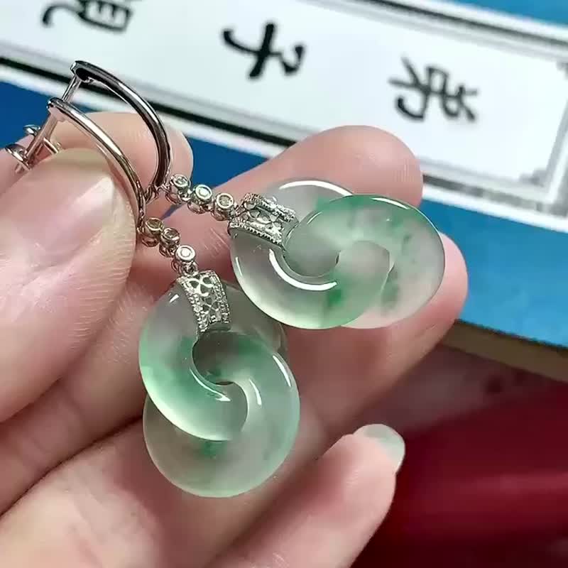 冰種翡翠天然翡翠A玉耳墜耳釘 • 18k金環環相扣翡翠耳環 - 耳環/耳夾/耳骨夾 - 玉石 綠色