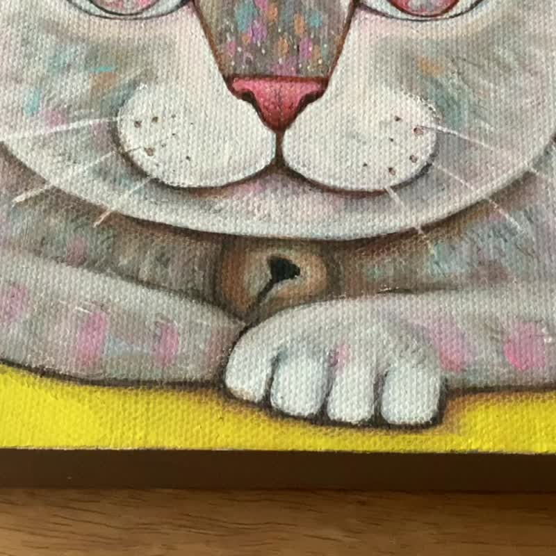 Original cat painting on canvas 15x15cm. - 壁貼/牆壁裝飾 - 壓克力 粉紅色