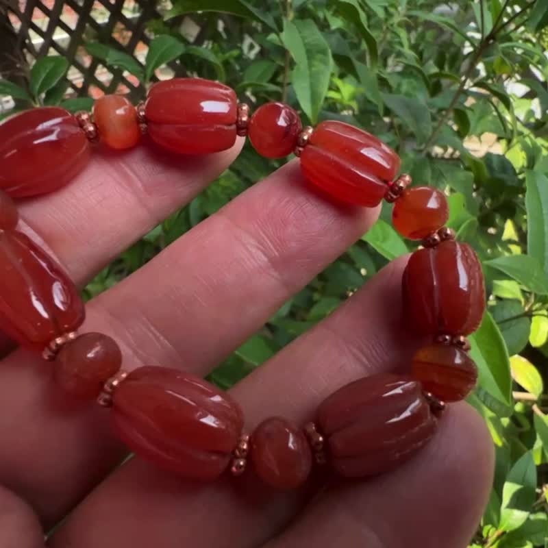 天然老南紅瑪瑙 南瓜珠 天珠 線珠 老件 手鍊 25.5克 手串 瑪瑙 - 手鍊/手環 - 玉石 紅色