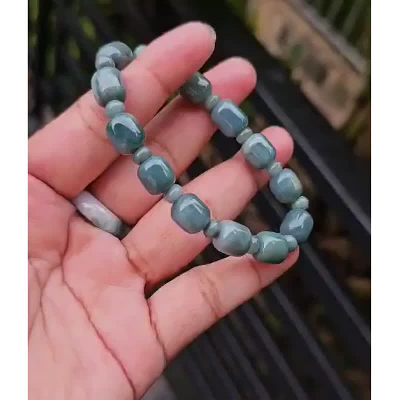 Burmese Jade Bracelet Ocean Blue Gray Beads Tank Shape Natural Jadeite A 9.2 mm - 手鍊/手環 - 玉石 藍色