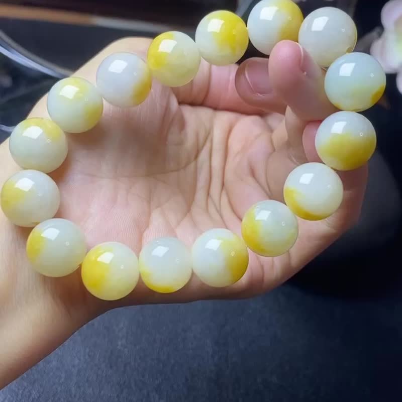 冰種翡翠天然翡翠A玉玉珠玉鏈手鏈 • 糯冰種檸檬聚寶盆翡翠手串 - 手鍊/手環 - 玉石 黃色