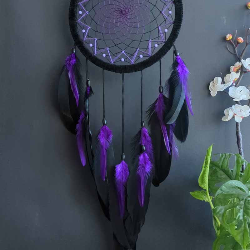 Handmade Black Purple Dreamcatcher Wall Decor ตาข่ายดักฝันสีดำสีม่วง - Wall Décor - Thread Purple