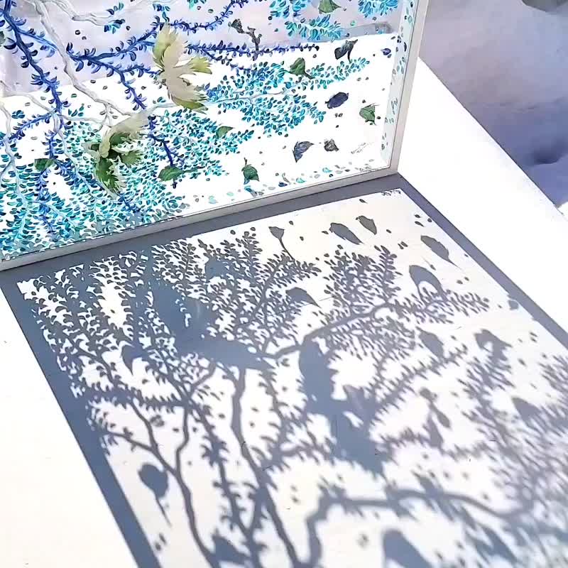【木々の揺れる窓】原画一点のみ　透明アート　影絵　インテリア　鳥　葉っぱ - 海報/掛畫/掛布 - 壓克力 白色
