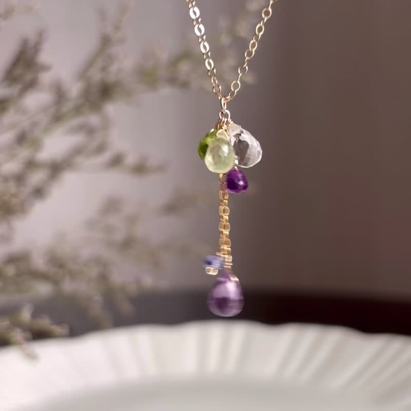 14KGF Amethyst x Prehnite Y-necklace / Birthstone of February - สร้อยคอ - เครื่องเพชรพลอย สีม่วง