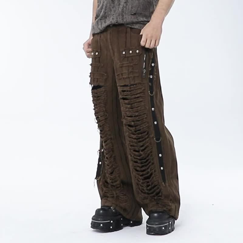 Wasteland Knight distressed cut denim trousers - multi-color/black only/out of print soon - กางเกงขายาว - วัสดุอื่นๆ สีนำ้ตาล