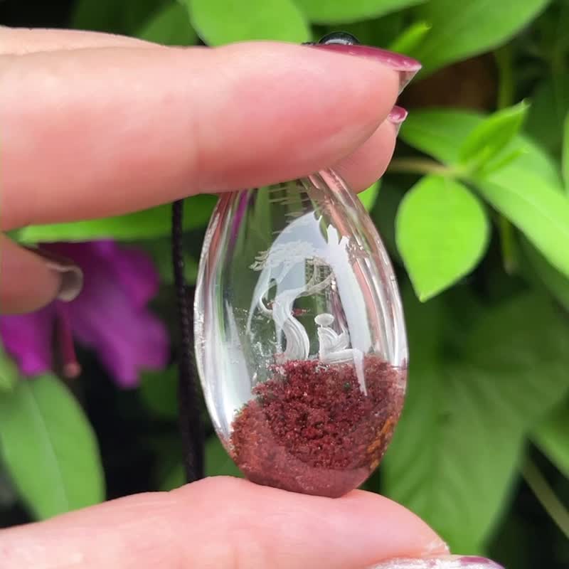 天然紅幽靈水晶吊墜手工陰雕悟道人生原創意境半盆冰透淨體女 - 項鍊 - 水晶 