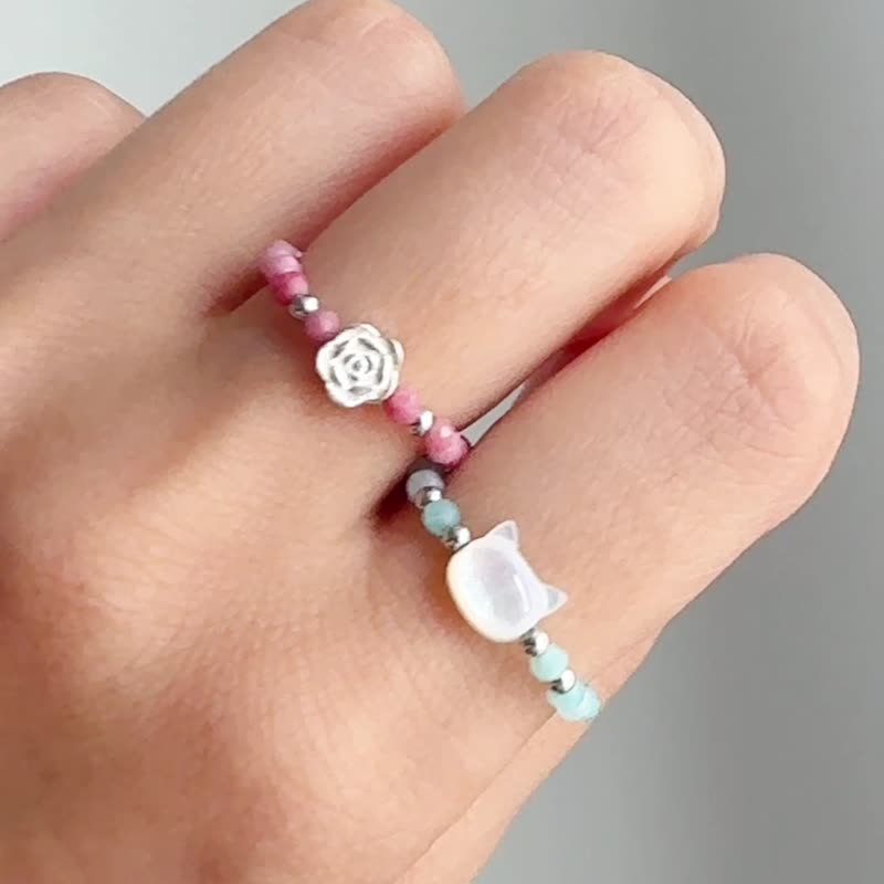 Cute kitten mini amazonite Stone rhodonite natural stone elastic beaded ring - General Rings - Other Materials Green