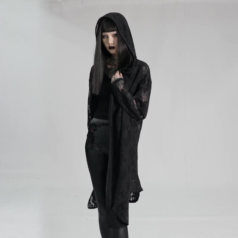 Gothic Witch Knit Hooded Jacket / Oversized Fit - เสื้อแจ็คเก็ต - วัสดุอื่นๆ สีดำ