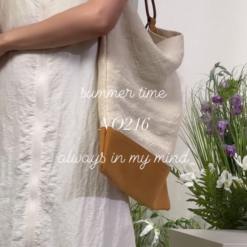 Linen Linen stitching cowhide-tote bag-off-white stitching brown - Messenger Bags & Sling Bags - Genuine Leather Multicolor