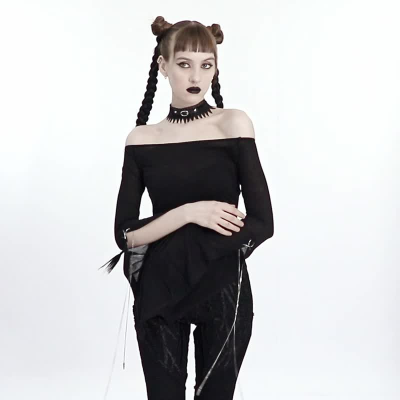 哥德通靈者喇叭袖露領上衣 - 女上衣/長袖上衣 - 其他材質 黑色