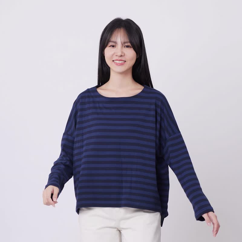 Karen Boat Neckline Soft Strip Long Sleeves Top/ Navy - Women's Tops - Cotton & Hemp Blue