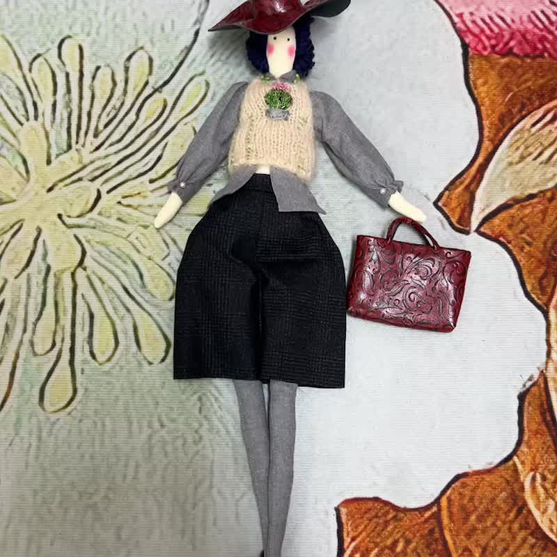 Customized rag doll gift for yourself: burgundy leather bag/hat doll - Stuffed Dolls & Figurines - Genuine Leather 