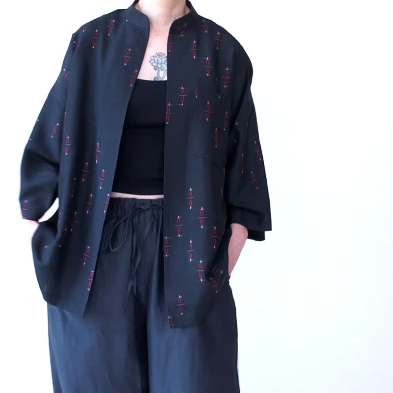 【日本製】perfect summer Kimono shirt, men's shirt, half sleeve Kimono shirt - Men's Shirts - Silk Black