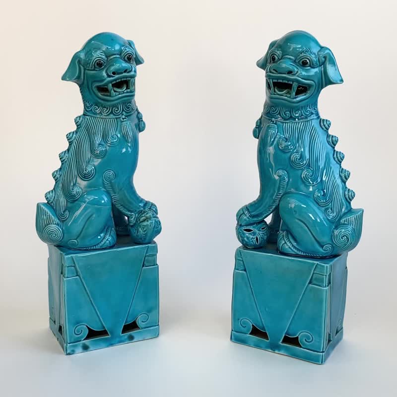 古董套裝狗雕像 | 一對陶瓷衛士中國龍福狗獅子 - 花瓶/花器 - 陶 藍色