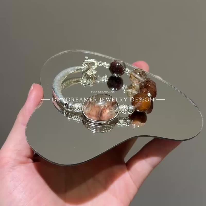 Rose-Pink & Red Rabbit Hair Quartz, Red Phantom Quartz, Phantom Quartz Hairpin Bracelet, S925 Sterling Silver Design - สร้อยข้อมือ - คริสตัล สีนำ้ตาล