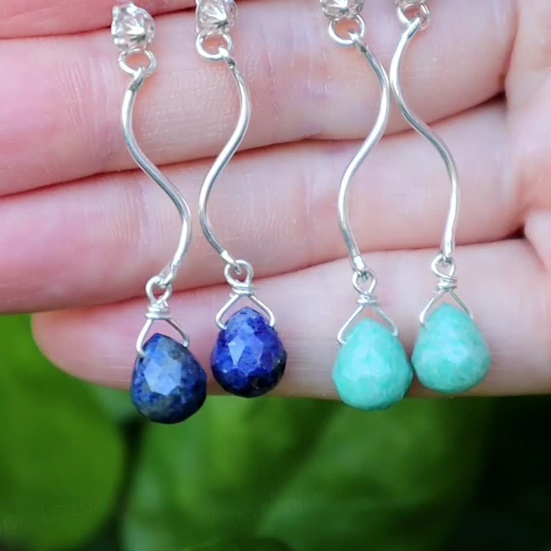 新色-天然石後束耳環-青金石-亞馬遜石-925銀-耳針 - 耳環/耳夾/耳骨夾 - 純銀 多色