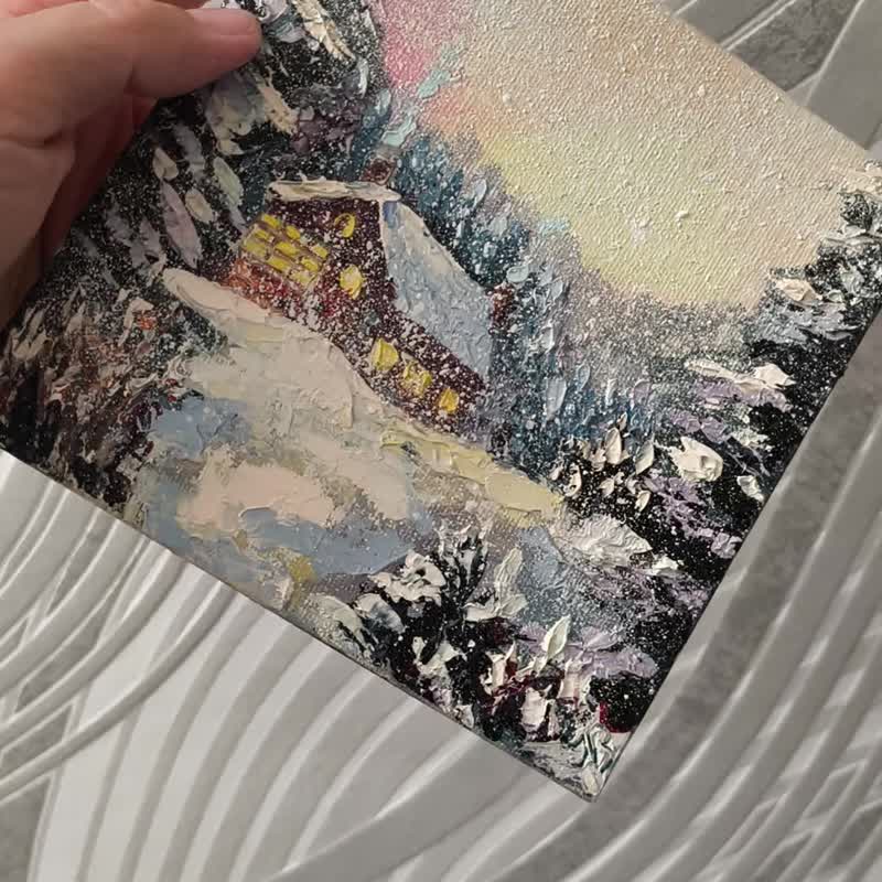 雪景色の中の冬の小屋 – 原画 油絵 15×15cm - イラスト/絵画/カリグラフィー - その他の素材 