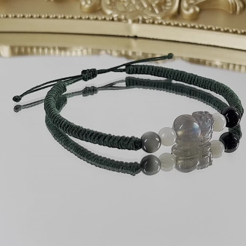 Pixiu labradorite moonstone blue tiger eye eagle eye paraffin thread weaving - สร้อยข้อมือ - คริสตัล 