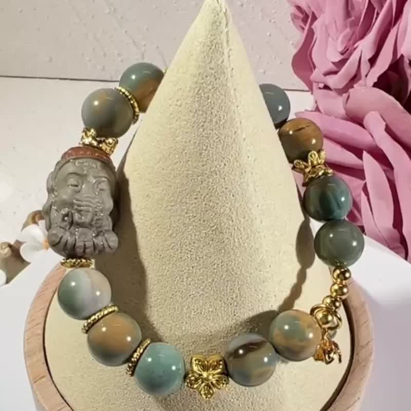 Alashan Agate Painting Blue Tone Bracelet, Elephant Ganesha - Bracelets - Jade 