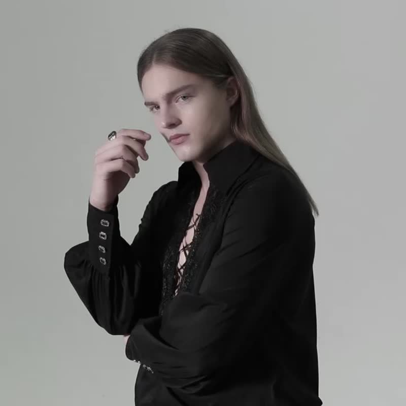 哥德火龍魔法師古典襯衫 / 寬鬆版型 - 男襯衫/休閒襯衫 - 其他材質 黑色