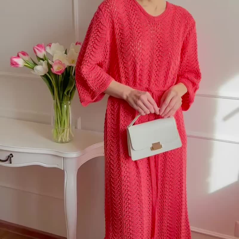 Lace knit dress Handmade knit midi dress Spring summer dress for women - 洋裝/連身裙 - 棉．麻 