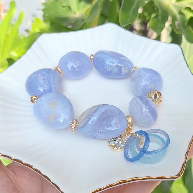 冰藍紋瑪瑙 聚寶盆 帶金 玉振金聲 君子 大寶石手鍊 單品 禮物 - 手鍊/手環 - 寶石 藍色