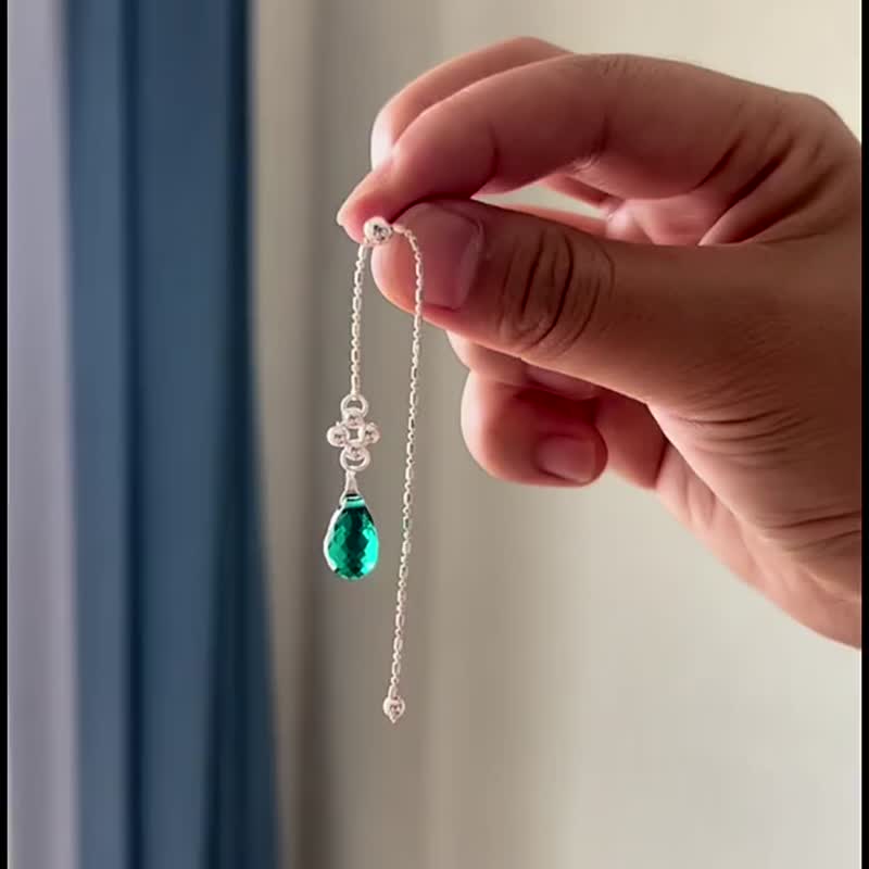反復無常的夏天~原創設計祖母綠水滴耳釘耳夾無耳洞長款耳飾 - 耳環/耳夾/耳骨夾 - 其他材質 綠色