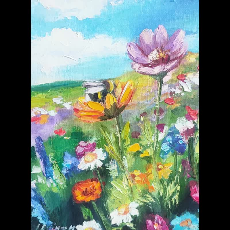 野の花の油絵 花の草原 小さなアート 蜂のアートワーク 風景画 野の花の油絵 花の草原 小さなアート 蜂のアートワーク 風景画