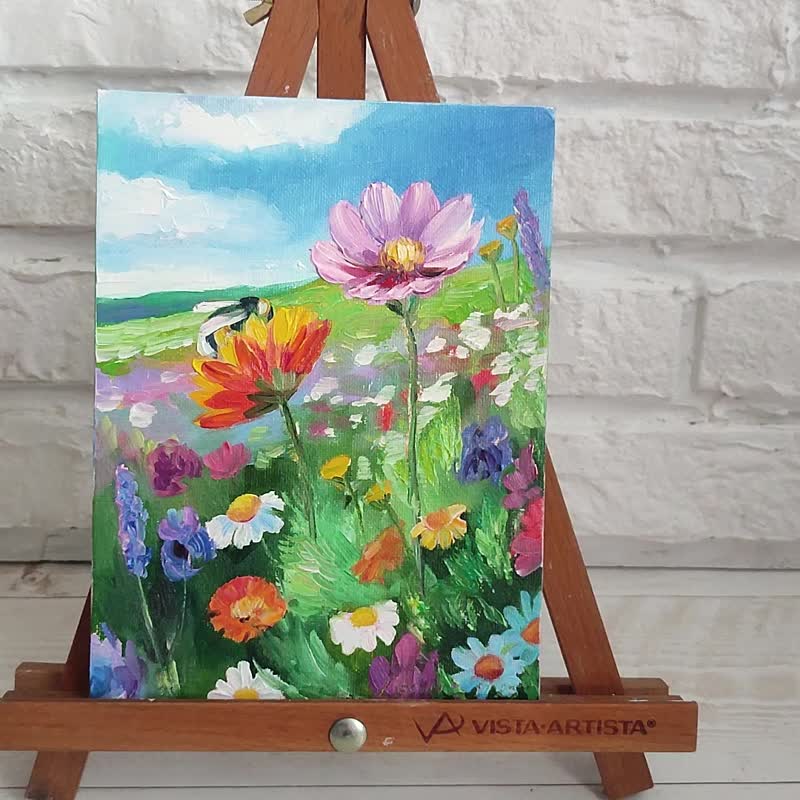 Wildflower Oil Painting Flower Meadow Small Art  Bee Artwork Landscape Painting - Wall Décor - Other Materials Green