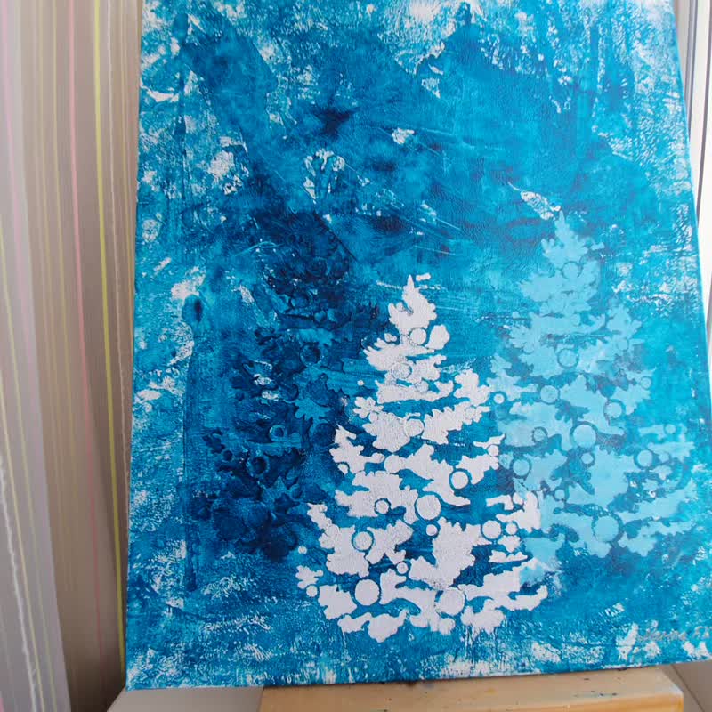 Pine Painting Holiday Tree Original Art  Sequoia Winter Pattern Artwork Alaska - โปสเตอร์ - วัสดุอื่นๆ สีน้ำเงิน