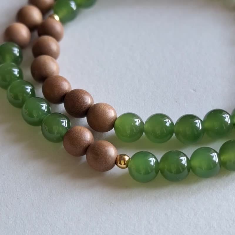 Natural Old Mountain Sandalwood with Natural Hetian Jade Bracelet | Jadeite and Old Mountain Sandalwood Color-Blocking Bracelet - สร้อยข้อมือ - หยก สีเขียว