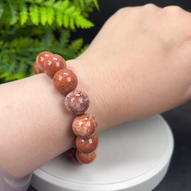 Exquisite Natural Coral Jade Bracelet, Icy, High Porcelain, Jade-like, Orange-Pink, Large Floral, Phoenix Tail Pattern, Chrysanthemum Jade, Single Loop, Women's, 14mm - สร้อยข้อมือ - หยก 