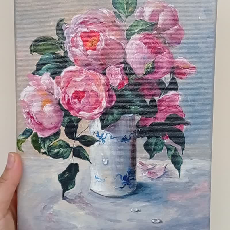ピンクのバラ 花の絵 原画 手描きアート ぶら下がっている絵
