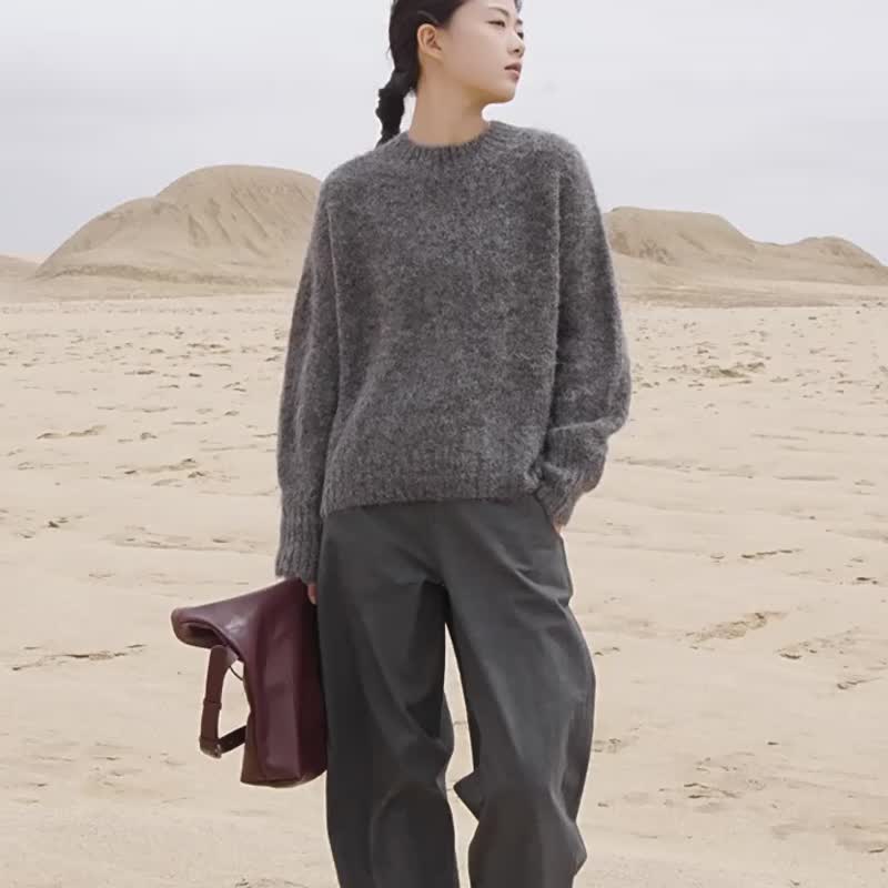 黛紫色 4色 軟乎乎秋冬圓領針織毛衣 羊駝毛毛衫 - 女毛衣/針織衫 - 羊毛 紫色