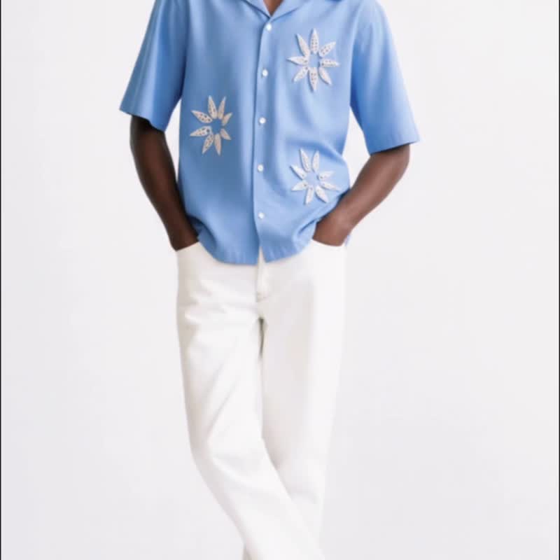 男士亞麻襯衫海貝花卉裝飾 - 男襯衫/休閒襯衫 - 亞麻 藍色