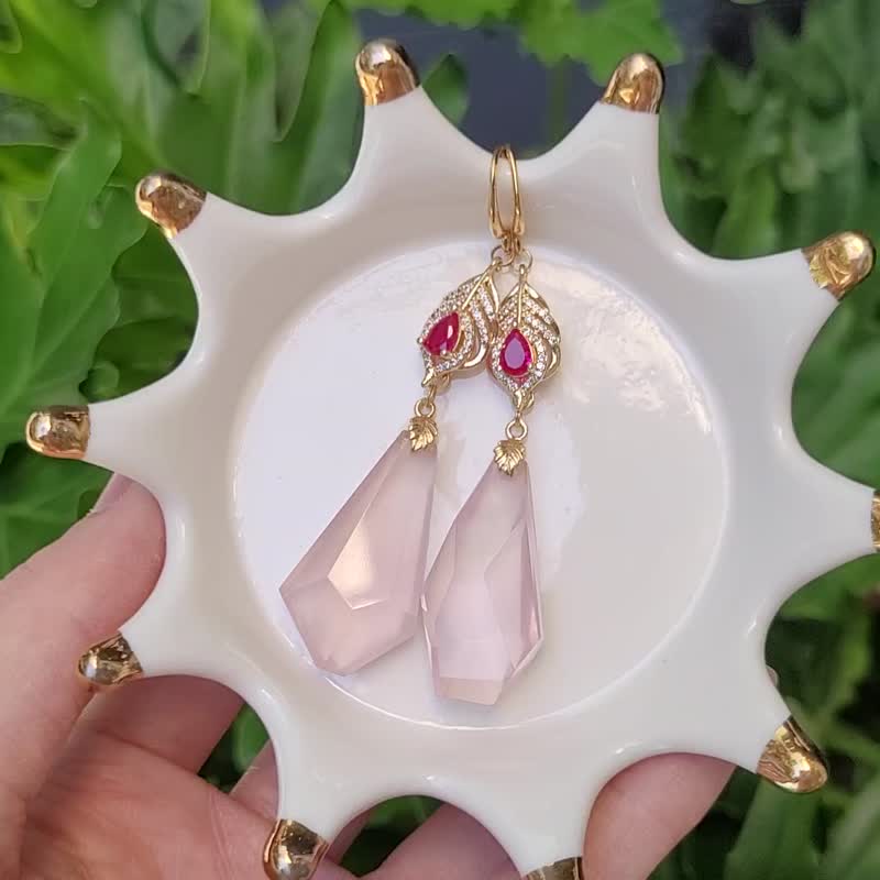 天然 頂級 星光粉晶 切面 羽 智慧 人緣 桃花 耳環 僅此一件 - 耳環/耳夾/耳骨夾 - 寶石 粉紅色