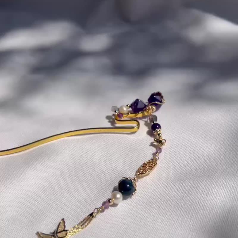 Amethyst metal braid_hairpin_butterfly shake_forest jewelry_natural stone_ore_copper plated with 14K Bronze for color retention - เครื่องประดับผม - คริสตัล 