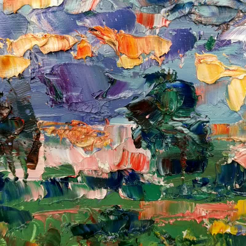 Nature Painting Landscape Sky Trees Original Artwork Sunset Plein Air Impression - 海報/掛畫/掛布 - 木頭 多色
