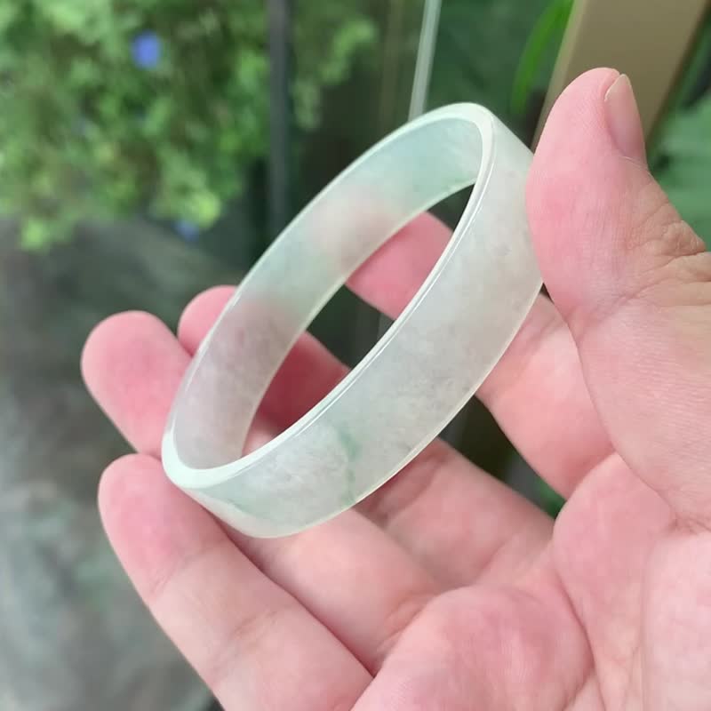 Snow Ring | Ice Glass/White Snow Green Flower/Thin Square Bracelet/Hand Size 17 | Natural Grade A Jadeite Bracelet - สร้อยข้อมือ - หยก ขาว